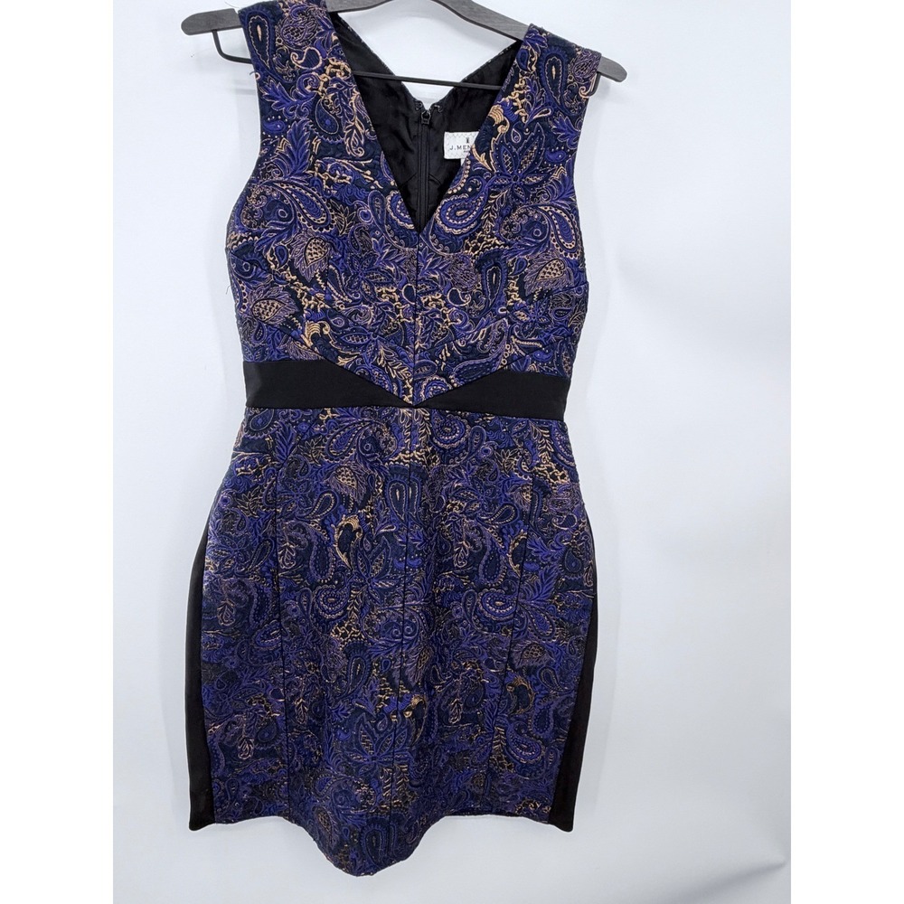 J Mendel Paris Dress Womens 8 Blue Gold Paisley Brocade Sleeveless V-Neck Mini